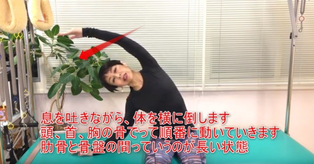 14-05_息を吐きながら、体を横に倒します頭、首、胸の骨でって順番に動いていきます肋骨と骨盤の間っていうのが長い状態