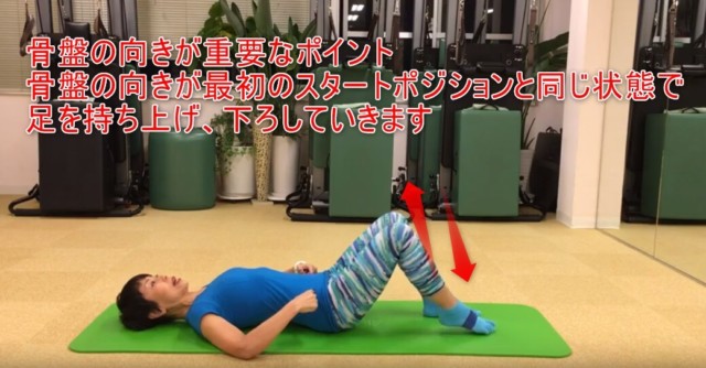 15-04_骨盤の向きが重要なポイント骨盤の向きが最初のスタートポジションと同じ状態で足を持ち上げ、下ろしていきます