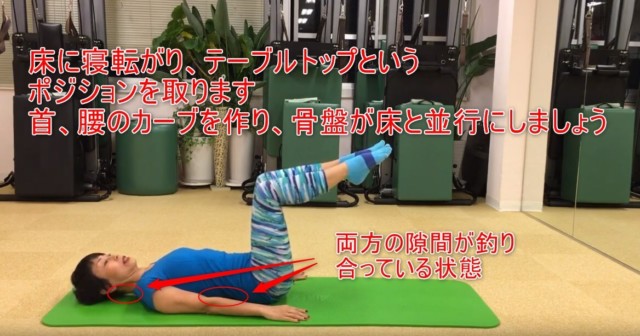 16-03_床に寝転がり、テーブルトップというポジションを取ります首、腰のカーブを作り、骨盤が床と並行にしましょう